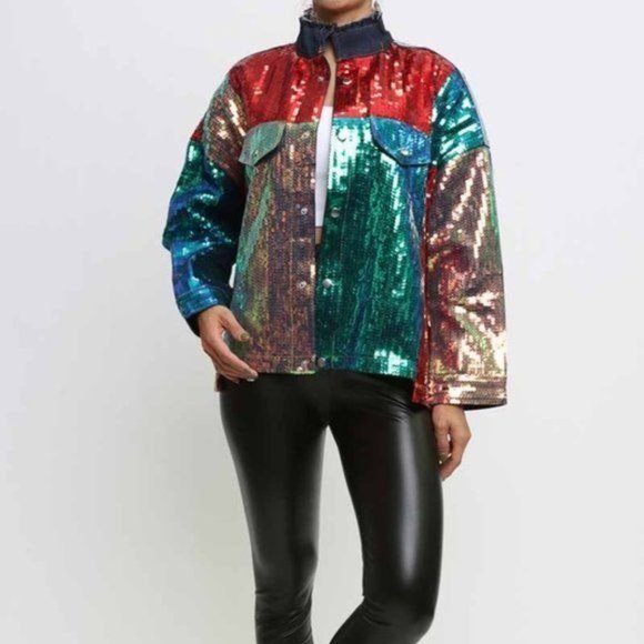 Callie Lives Celebration: Multi-Color Block Sequin Denim Jean Jacket M/L/XL - Picture 4 of 12